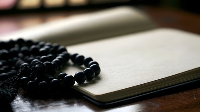 Black prayer beads rest beside an open notebook on a wooden surface  softly lit by ambient light