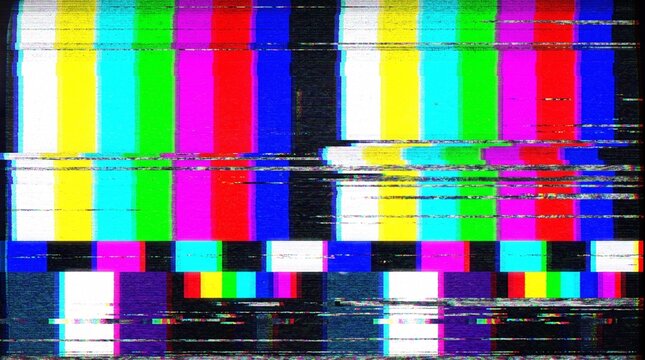 Digital glitch color bars test pattern with heavy television static and signal interference