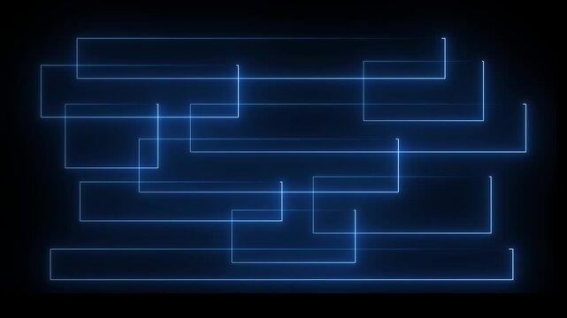 blue neon glowing rectangular lines and geometric tech grid pattern on black background, modern neon light tech layout element with glowing rectangular shapes.