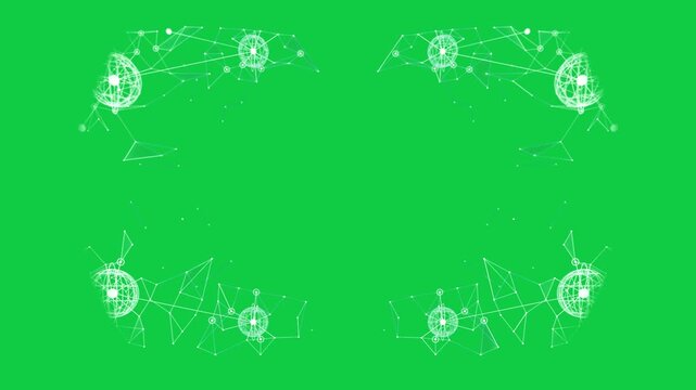 After 4s transparent background 4 wireframe hubs appearing, expanding, forming corner clusters