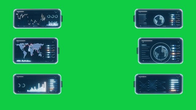 Six holo panes at frame four animating charts rotating globe pulsing LEDs showing data transparent