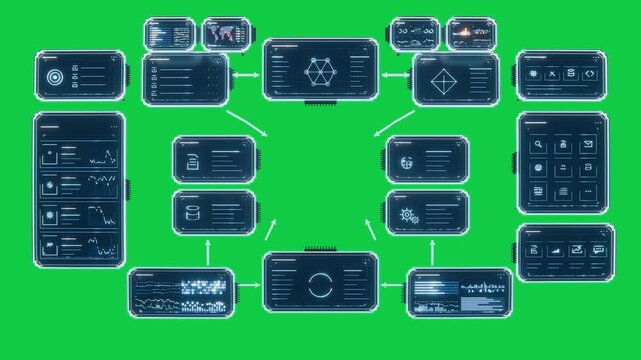 HUD dashboard emerging from black, modules linking and showing data flow on transparent backdrop