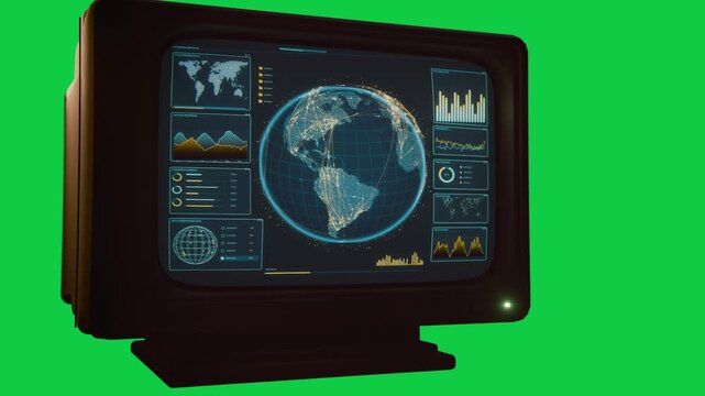 Boot clearing, CRT monitor revealing globe with UI, showing network data, transparent background