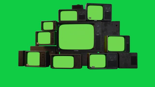 Central CRT powering up, retro CRT stack filling screens with chroma green for transparent backdrop