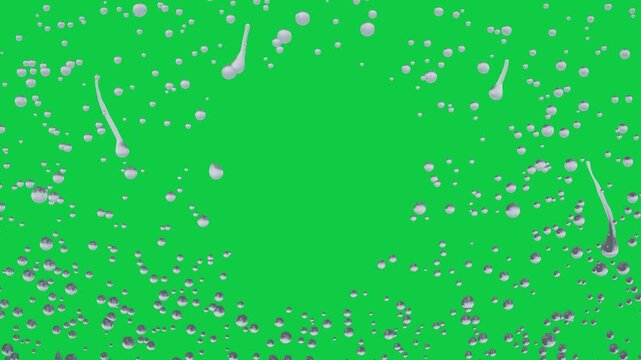Beads coalescing on glass pane under gravity, pulling into rivulets over transparent background