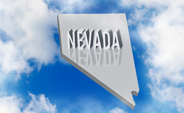 Nevada state silhouette with raised lettering against a cloudy sky
