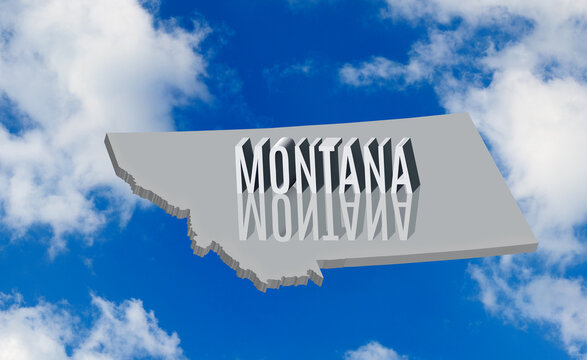 Three-dimensional Montana state shape with raised lettering against a cloudy sky