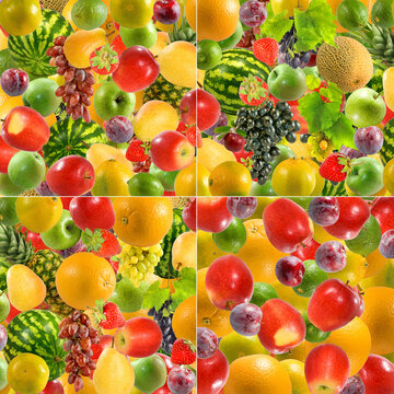 Fruit collage with apples, grapes, citrus, melons, berries, and pears arranged in four sections