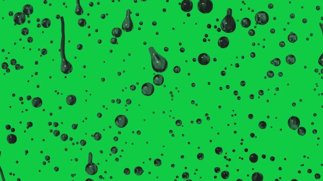 Gravity pulling green drops into teardrops, trailing and merging, showing falling on transparent bg