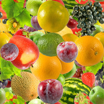 Fruit including citrus, grapes, apples, plums, melons, strawberries, and kiwi arranged together. Seamless image.