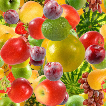 Assorted fruit including apples, citrus, grapes, strawberries, and watermelons arranged together. Seamless image.