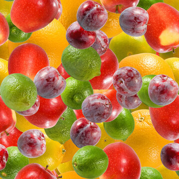 Red and green apples, grapes, and citrus fruits arranged together for a food display. Seamless image.
