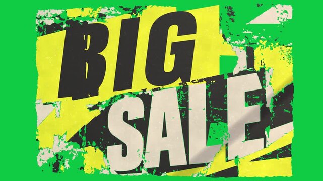 Grungy BIG SALE revealing on clear bg as yellow panels sliding, torn masks shifting promoting sale