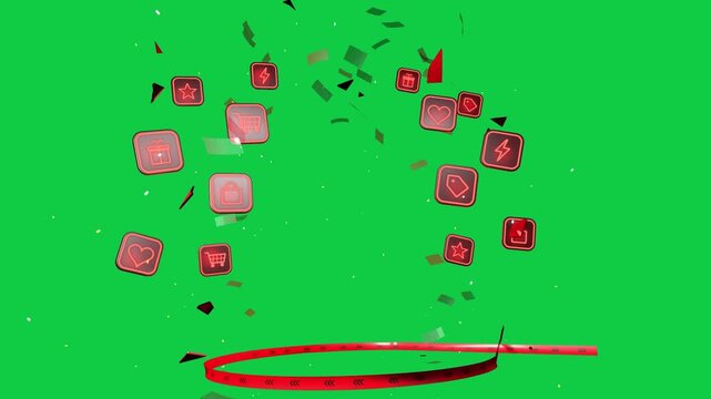 Neon ribbon sweeping, ring bursting, icons rising and turning, revealing UI on transparent void