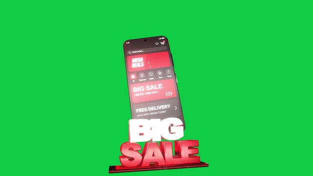 Red platform pulsing, phone hovering as 3D letters forming BIG SALE to advertise on transparent bg