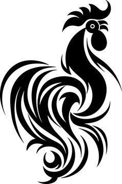 Stylized Rooster Tattoo Silhouette in Tribal Black Line Art