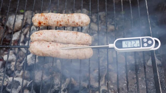 Digital thermometer measures internal temperature inside sausage grilling on barbecue rack over hot charcoal. Cooking probe shows degrees rising steadily while white smoke rises above grill.