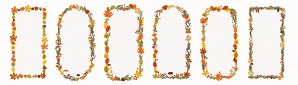 Autumn wreath bundle with six oval, arch and rectangle frames built from leaves, mushrooms and pine branches. Rowan berries trim edges, every border sits on transparent background like PNG image