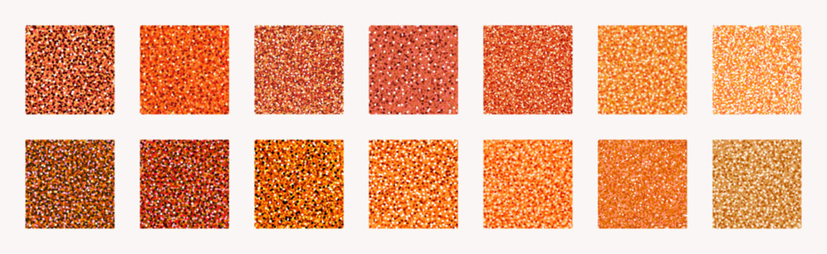 Seamless copper glitter pattern with sparkle sequin swatches in orange, peach and bronze on white background. Shiny metallic glitter texture for festive prints and cards. Drag to swatches panel to use