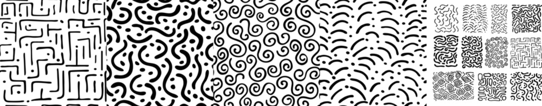 Black and white abstract pattern collection featuring winding maze lines, rounded squiggles, spirals, curved dashes and dots, shown as large panels and small square samples.