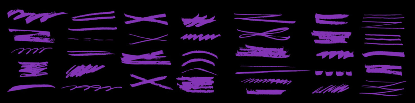 Collection of purple marker strokes and underlines on a black background, including rough brush swashes, zigzags, loops, crosses and curved accents with varied thickness.