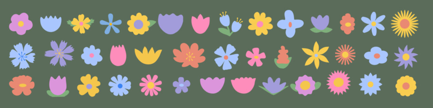 Collection of colorful retro flowers with rounded petals, tulip shapes, daisies and small leaves in pink, yellow, blue and lilac, arranged on a muted green background.