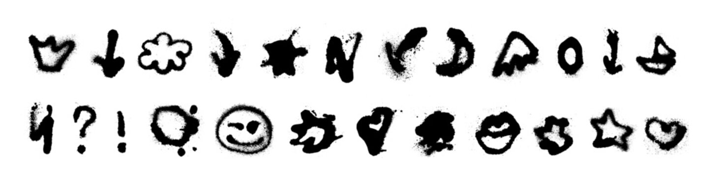 Black graffiti doodles with spray textures include a crown, arrows, flower, star, heart, lips and a smiling face. Playful rough symbols and punctuation are isolated on white.