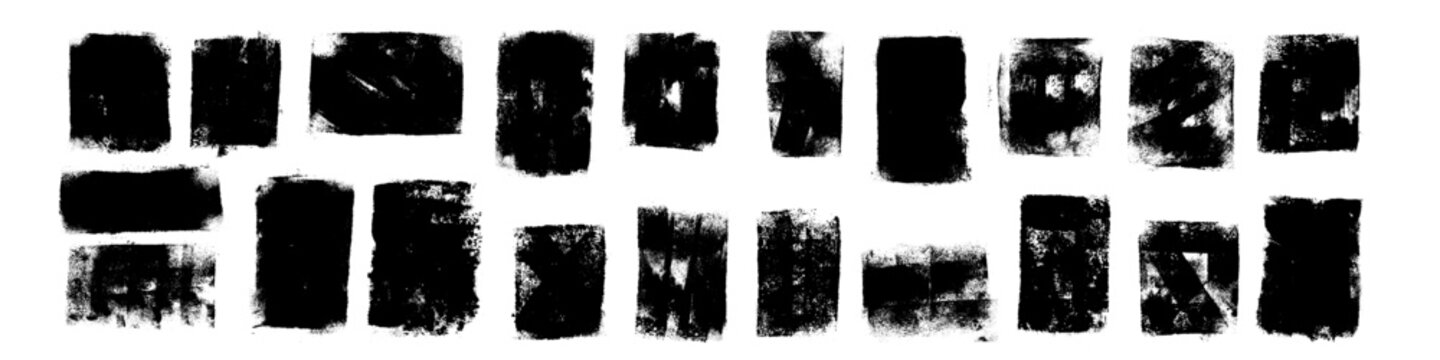Collection of black grunge paint blocks with rough edges, grainy surfaces and distressed gaps. Varied rectangular and square shapes form isolated graphic elements on white.