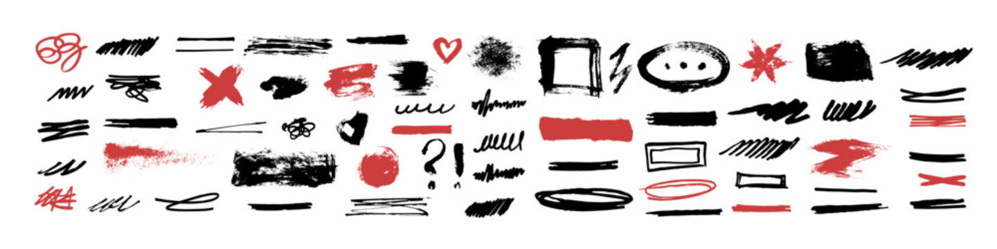 Black and red hand drawn marks combine rough brush strokes, scribbles, underlines, frames, circles and playful symbols. A varied collection of graphic accents isolated on white.