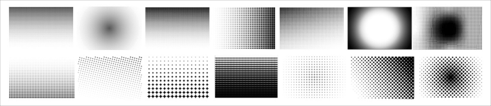 Set of black halftone gradients in rectangular panels with dots, squares, diamonds and triangular shapes. Linear and radial fades create varied geometric textures on white.