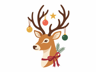  elegant Christmas reindeer head with hanging bauble ornaments on antlers and red bow vector illustration © Md. Mahfuzur Rahman