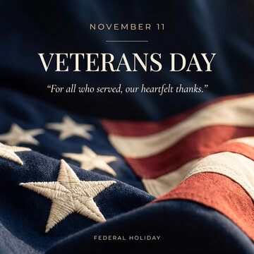 Veterans Day November 11 tribute with close-up of embroidered American flag stars and stripes on navy background, for all who served