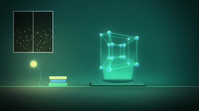 Teal tesseract hypercube with qubits on a desk quantum AI