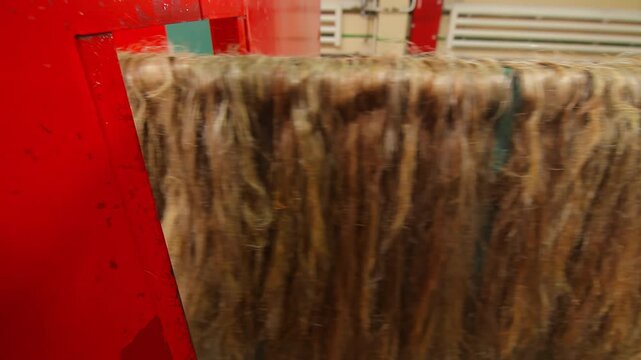 Closeup flax fiber bundles moving through machine. Linen textile mill handheld.