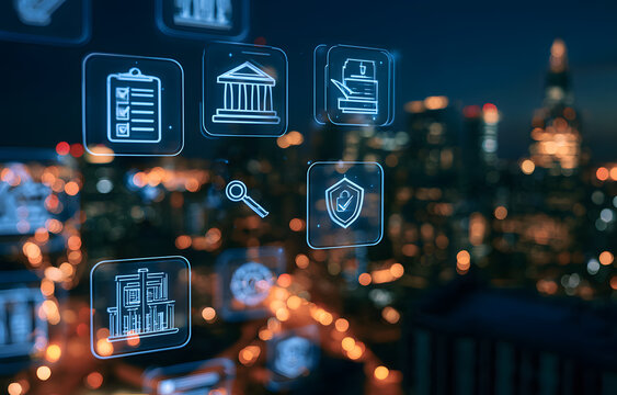 Interface for digital compliance featuring a checklist and icons of law and security over a cityscape at night, concept of corporate governance and auditing.