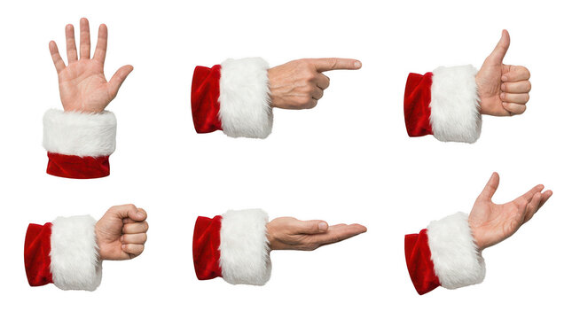 Set of santa claus hands showing various gestures isolated on transparent background