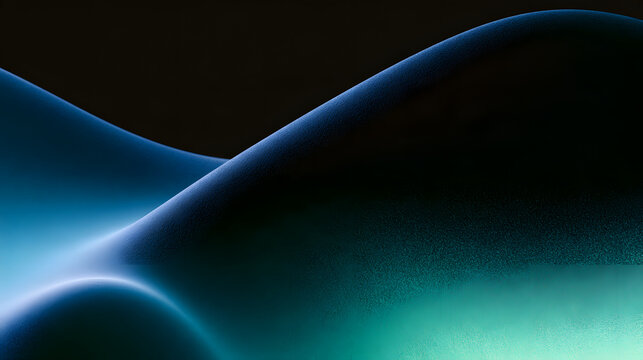 A dark, textured, abstract background featuring smooth, flowing, curved fluid shapes, soft blue and mint green grainy noise, transitioning into a gradient.