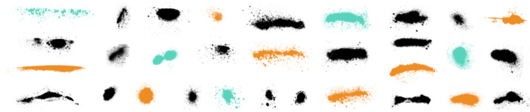 Collection of spray paint marks and scattered splatters in black, orange and mint, with grainy edges, speckled dots and irregular horizontal strokes on a white background.