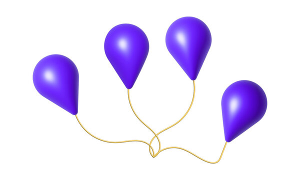 Four glossy purple 3d balloons floating with golden string ties for birthday party, event celebration, and festive banner design isolated on transparent background