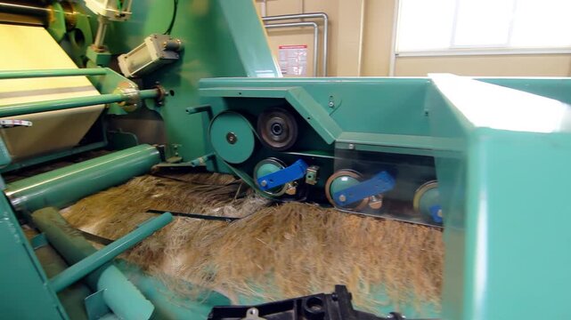 Industrial machine processing flax fiber rollers. Handheld pan mill equipment.