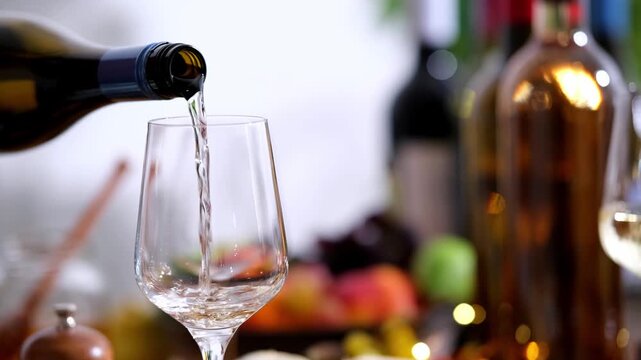 Sommelier pouring chilled white wine into dry glass on table. Premium alcoholic beverage served during professional tasting. Elegant luxury celebration and lifestyle.
