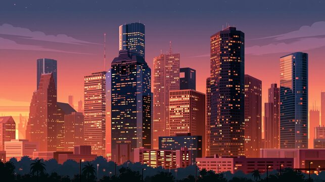 Geometric skyscrapers form the downtown Houston skyline at dusk, with lit windows, a warm gradient sky, and a flat vector style