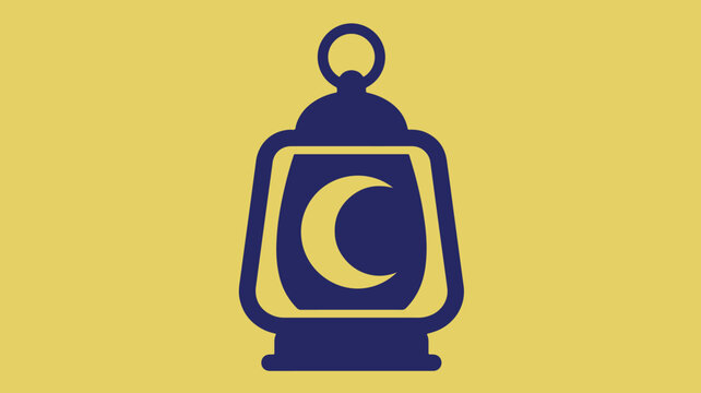 Classic Ramadan lantern silhouette with crescent moon in navy blue on a warm yellow background for Islamic festive and cultural celebration designs