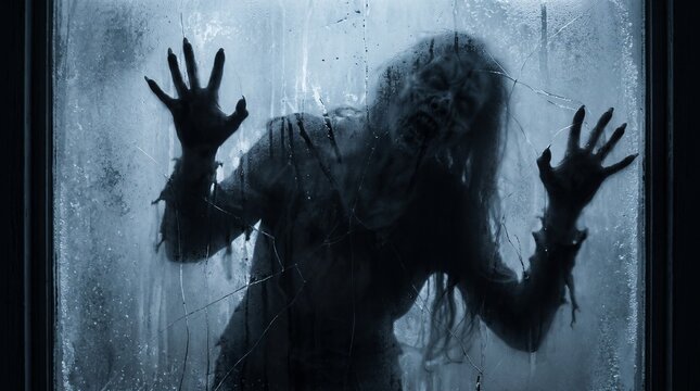 Scary monster silhouette with claw hands behind frosted glass background for spooky Halloween horror concept