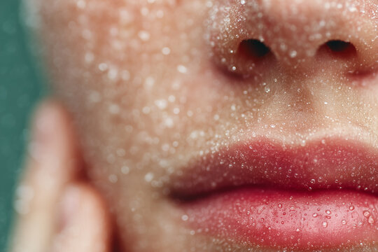 Extreme macro photo of human skin covered in tiny water droplets and fine mist spray near the lips and nose.