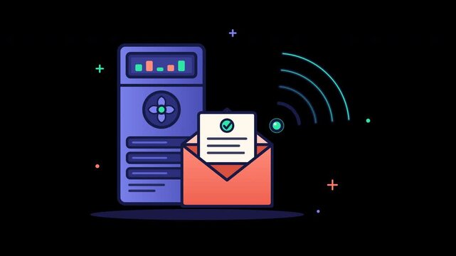 Animated loop of a modern mail server receiving and sending email alerts. Shows a digital envelope with a checkmark appearing and disappearing, signifying notification processing.