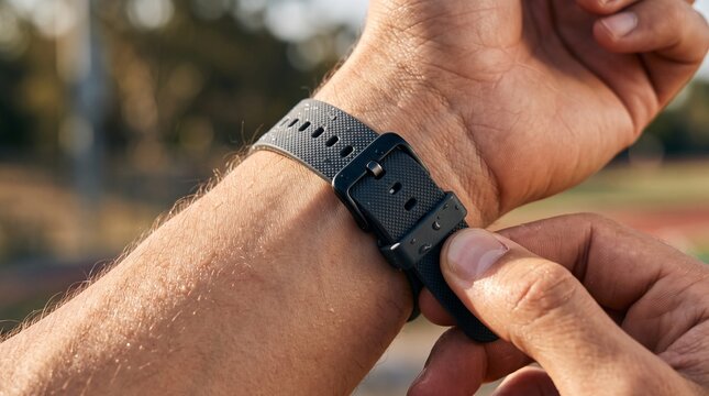 Close up of a man's wrist with a dark smart watch band with water droplets on it