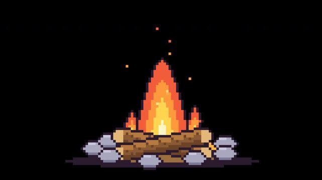 Pixel Art Campfire Animation Glowing Warm Orange Flames Flickering Sparks
