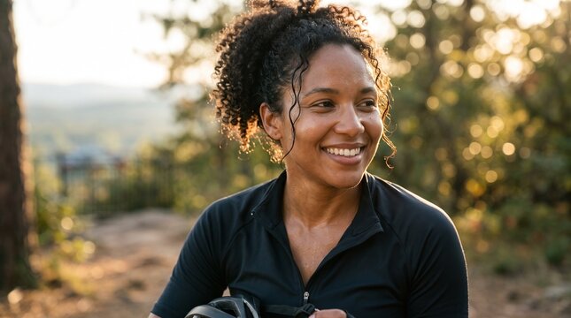 Smiling woman with curly hair wearing athletic clothing outdoors in sunlight