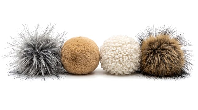 Collection of four fluffy and plush decorative pom-poms in various textures and colors isolated on white

